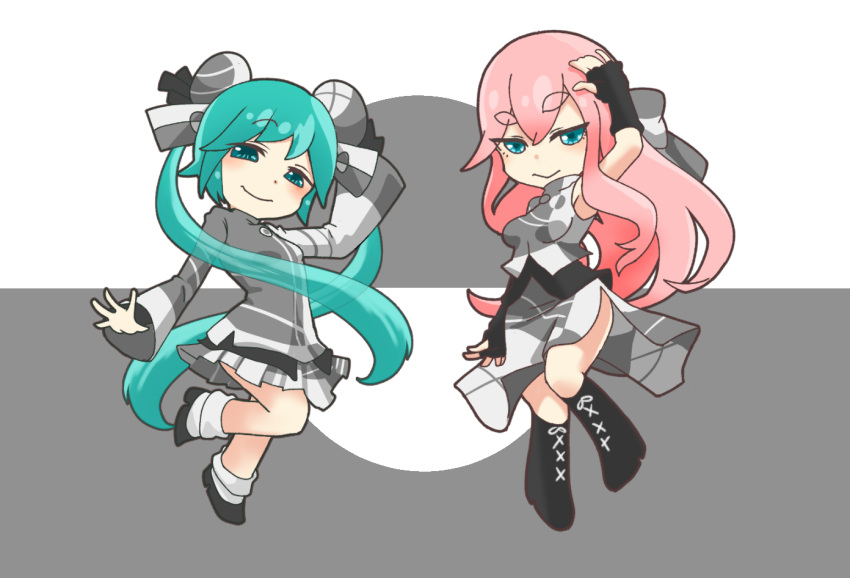 2girls arm_up blush bun_cover chibi closed_mouth double_bun full_body grey_background hair_between_eyes hair_bun hatsune_miku knees_together_feet_apart long_hair long_sleeves looking_at_viewer megurine_luka multiple_girls pink_hair project_diva_(series) shirt skirt sleeveless sleeveless_shirt smile spot_color standing standing_on_one_leg tomiro twintails very_long_hair vocaloid white_background world's_end_dancehall_(vocaloid)