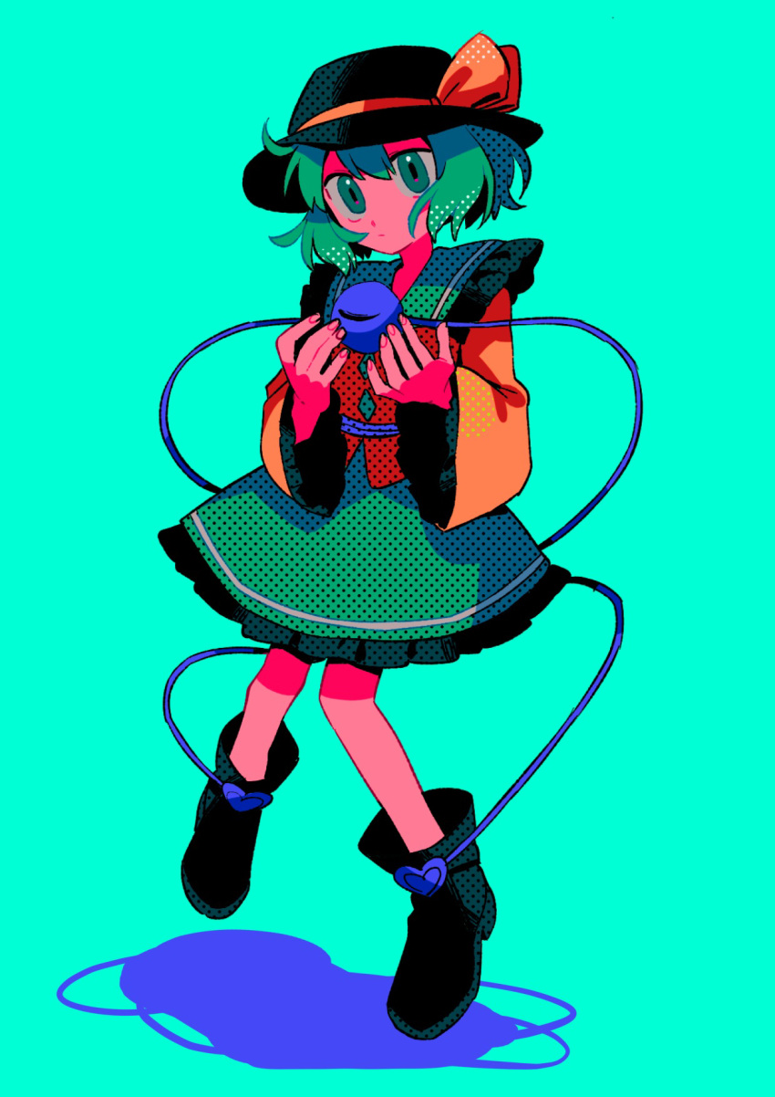 1girl aqua_background bangs black_footwear black_headwear blouse boots buttons collared_shirt crystal fingernails flying frills full_body green_eyes green_hair green_skirt hair_between_eyes hands_up hat hat_ribbon heart highres jewelry komeiji_koishi long_sleeves looking_to_the_side menma_(enaic31) orange_ribbon orange_shirt ribbon shadow shirt short_hair simple_background skirt solo third_eye touhou wide_sleeves