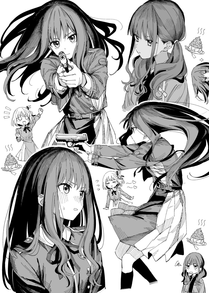 2girls aiming aiming_at_viewer arisancake arm_up blush bow cheering closed_eyes closed_mouth ear_blush eyelashes food greyscale gun hair_ribbon half-closed_eyes hatching_(texture) heart highres holding holding_gun holding_weapon inoue_takina long_eyelashes long_hair lycoris_recoil monochrome multiple_girls multiple_views nishikigi_chisato no_pupils open_mouth outline plate pointing_weapon ribbon scribble short_hair simple_background squiggle teeth twintails upper_teeth weapon white_background white_outline