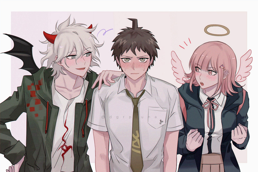 1girl 2boys :o ahoge angel_and_devil angel_wings badge bangs black_jacket blush boleum_(dgrpluna) border breast_pocket breasts brown_hair brown_skirt clenched_hands collared_shirt danganronpa_(series) danganronpa_2:_goodbye_despair demon_horns demon_wings flipped_hair galaga green_jacket green_necktie grey_background grey_hair hair_between_eyes hair_ornament halo hinata_hajime hood hood_down hooded_jacket horns jacket komaeda_nagito large_breasts long_sleeves looking_at_another looking_at_viewer medium_hair messy_hair multiple_boys nanami_chiaki neck_ribbon necktie open_clothes open_jacket pink_eyes pink_ribbon pocket print_shirt ribbon shirt shirt_tucked_in short_hair skirt sweat teeth upper_body upper_teeth white_border white_shirt wings