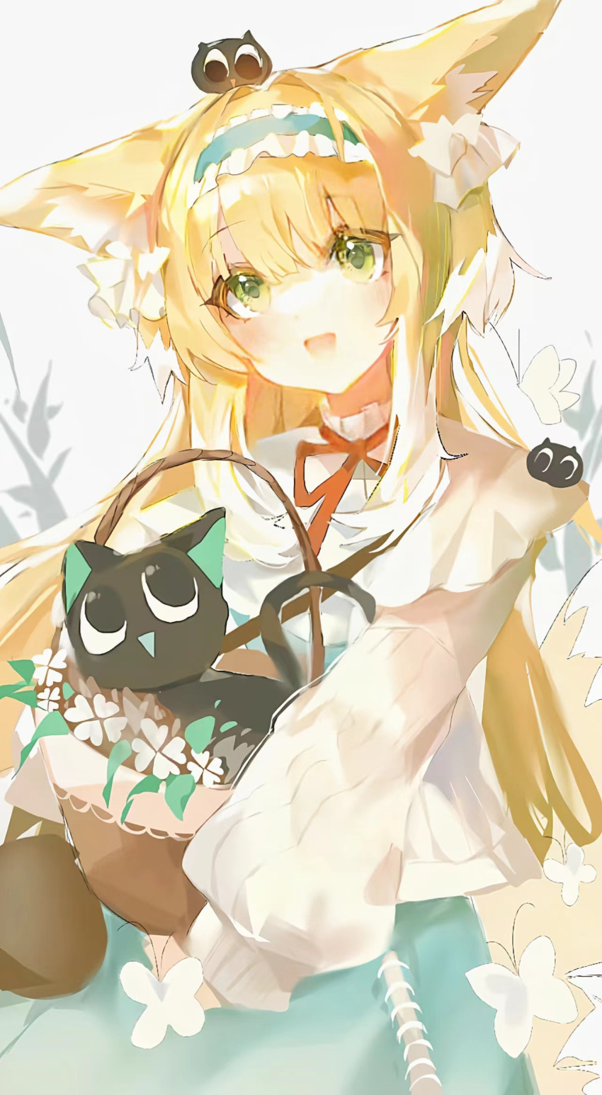 1girl alternate_costume alternate_hairstyle animal_ears animal_on_head arknights basket black_cat blonde_hair blue_hairband blue_skirt blush cat cow fox_ears fox_girl frilled_hairband frills green_eyes hair_down hairband highres holding holding_basket long_hair long_sleeves looking_at_viewer multicolored_hair neck_ribbon on_head open_mouth red_ribbon ribbon shirt simple_background skirt solo straight_hair streaked_hair suzuran_(arknights) suzuran_(spring_praise)_(arknights) taoer. white_background white_hair white_shirt