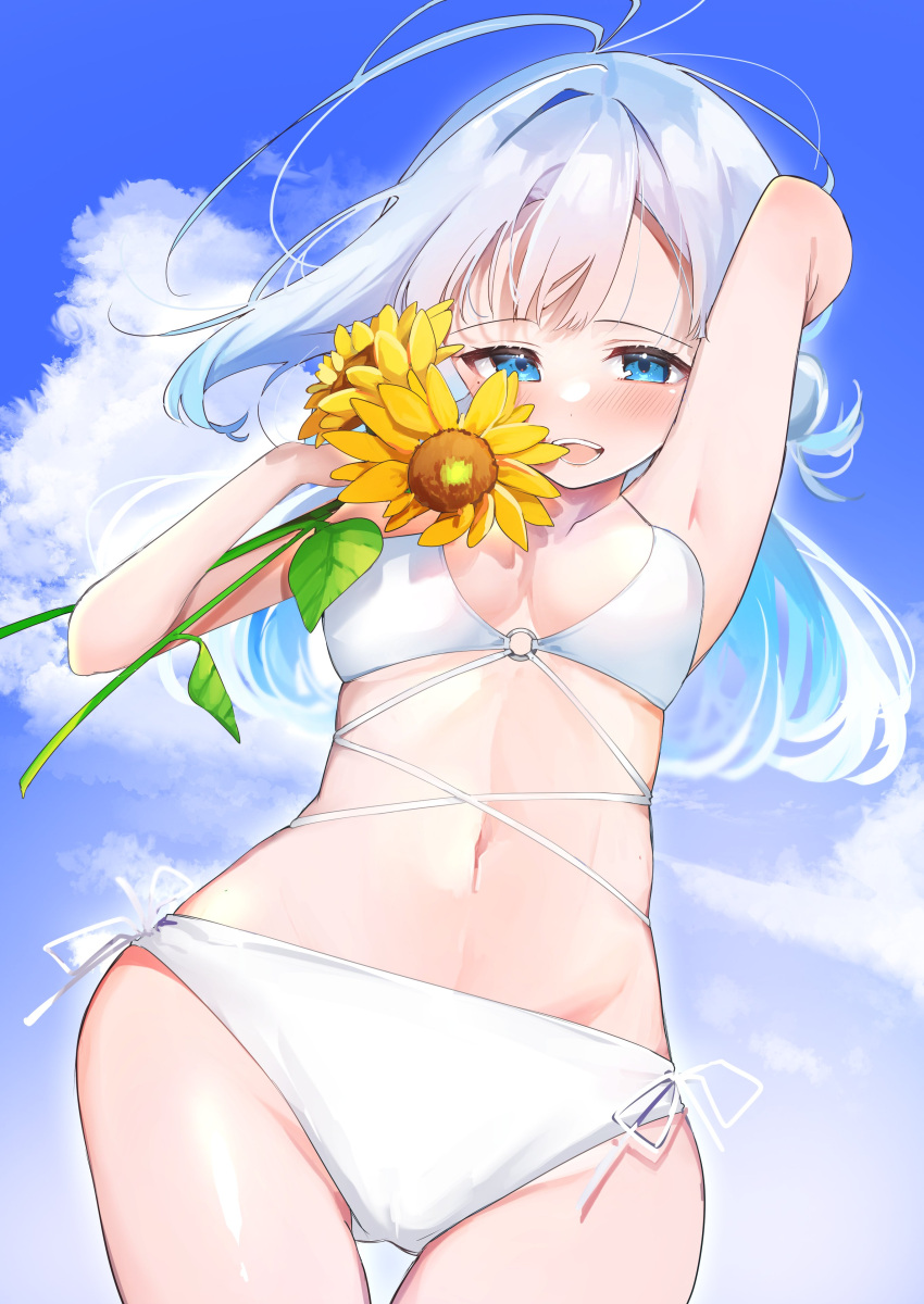 1girl absurdres armpits bikini blue_eyes blue_sky blush clouds commentary_request day dutch_angle eme_(emeralda) flower highres long_hair looking_at_viewer looking_down navel open_mouth original outdoors side-tie_bikini_bottom sky solo swimsuit white_bikini white_hair