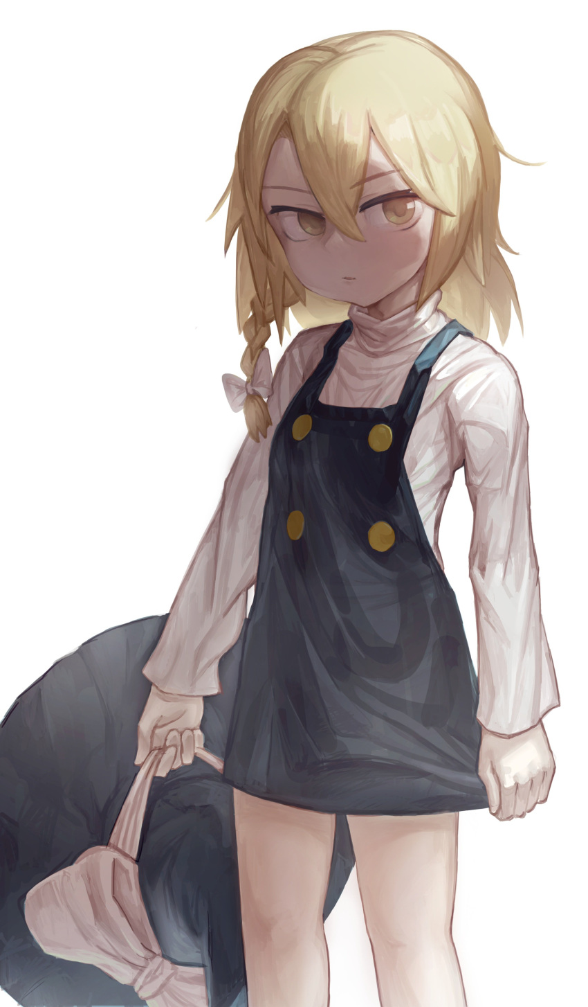 1girl absurdres bangs black_dress black_headwear blonde_hair bow braid breasts buttons closed_mouth dress expressionless feet_out_of_frame hair_between_eyes hair_bow hakonnbo hat hat_bow highres holding holding_clothes holding_hat kirisame_marisa long_hair looking_at_viewer pinafore_dress shirt simple_background single_braid small_breasts solo touhou turtleneck white_background white_bow white_shirt witch_hat yellow_eyes