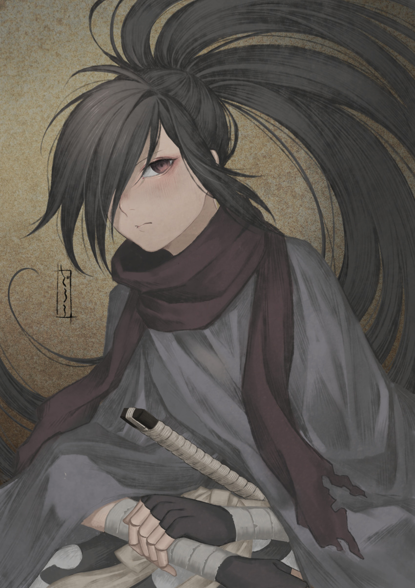 1boy absurdres bandaged_arm bandages black_gloves black_hair brown_eyes chocolate4170615 cloak closed_mouth dororo_(tezuka) fingerless_gloves gloves grey_cloak hair_over_one_eye highres hyakkimaru_(dororo) katana long_hair looking_at_viewer male_focus prosthesis prosthetic_arm purple_scarf scarf sheath sheathed solo sword torn torn_clothes torn_scarf very_long_hair weapon