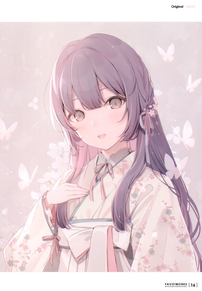 1girl 6u_(eternal_land) absurdres bangs blush bow bowtie brown_eyes brown_hair bug butterfly floral_print hand_up highres japanese_clothes kimono long_hair long_sleeves looking_at_viewer open_mouth original page_number scan shiny shiny_hair simple_background smile solo upper_body wide_sleeves