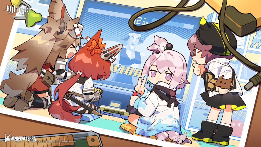 &gt;_&lt; 4girls anger_vein animal_ears arknights armor artist_request black_dress black_footwear black_headwear blush boots breastplate brown_hair controller copyright_name deepcolor_(arknights) dress ear_covers ear_tag facing_away flametail_(arknights) from_behind game_console gauntlets glasses gloves grey_gloves hair_bobbles hair_ornament hand_on_own_chin hand_up helmet highres holding holding_controller horse_ears horse_girl horse_tail jacket jitome joystick kirara_(arknights) kneeling looking_at_viewer looking_back multiple_girls official_art open_mouth orange_eyes photo_(object) pillow pink_eyes pink_hair pointy_ears ponytail purple_hair radio_antenna red-framed_eyewear red_shirt redhead semi-rimless_eyewear shirt short_hair sitting socks squirrel_ears squirrel_girl squirrel_tail tail television under-rim_eyewear v white_jacket white_shirt white_socks wild_mane_(arknights)