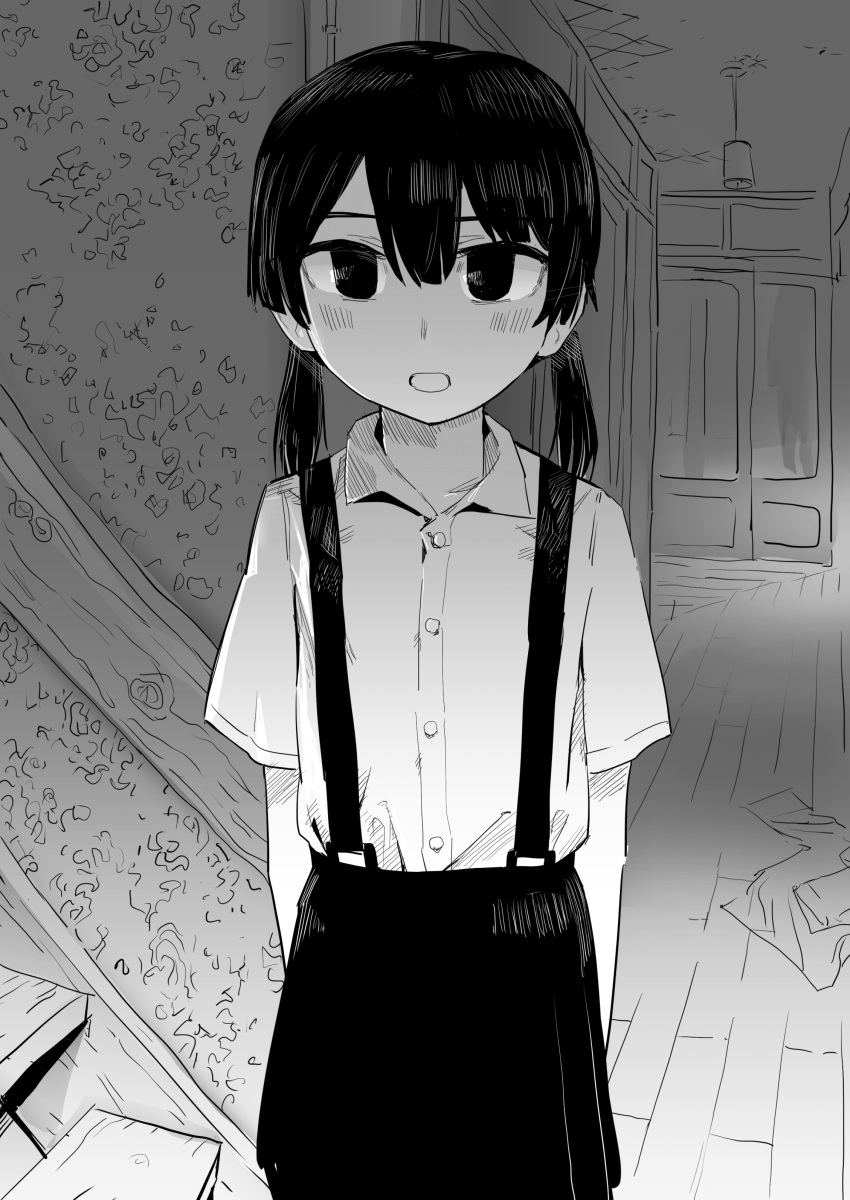 1girl absurdres bangs blush buttons ceiling ceiling_light clothes_on_floor collared_shirt cowboy_shot expressionless greyscale hair_between_eyes hakonnbo hallway highres indoors looking_at_viewer monochrome open_mouth original shirt short_hair short_twintails skirt solo stairs suspender_skirt suspenders twintails wallpaper_(object) wooden_floor