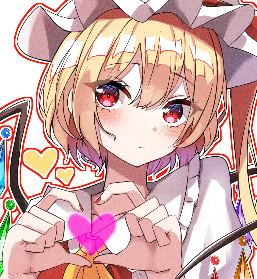 1girl ascot blonde_hair blush closed_mouth collarbone flandre_scarlet hair_between_eyes hat hat_ribbon head_tilt heart heart_hands highres kiui_(dagk8254) looking_at_viewer medium_hair mob_cap nail_polish puffy_short_sleeves puffy_sleeves red_eyes red_nails red_ribbon red_vest ribbon shirt short_sleeves side_ponytail solo touhou upper_body vest white_headwear white_shirt yellow_ascot