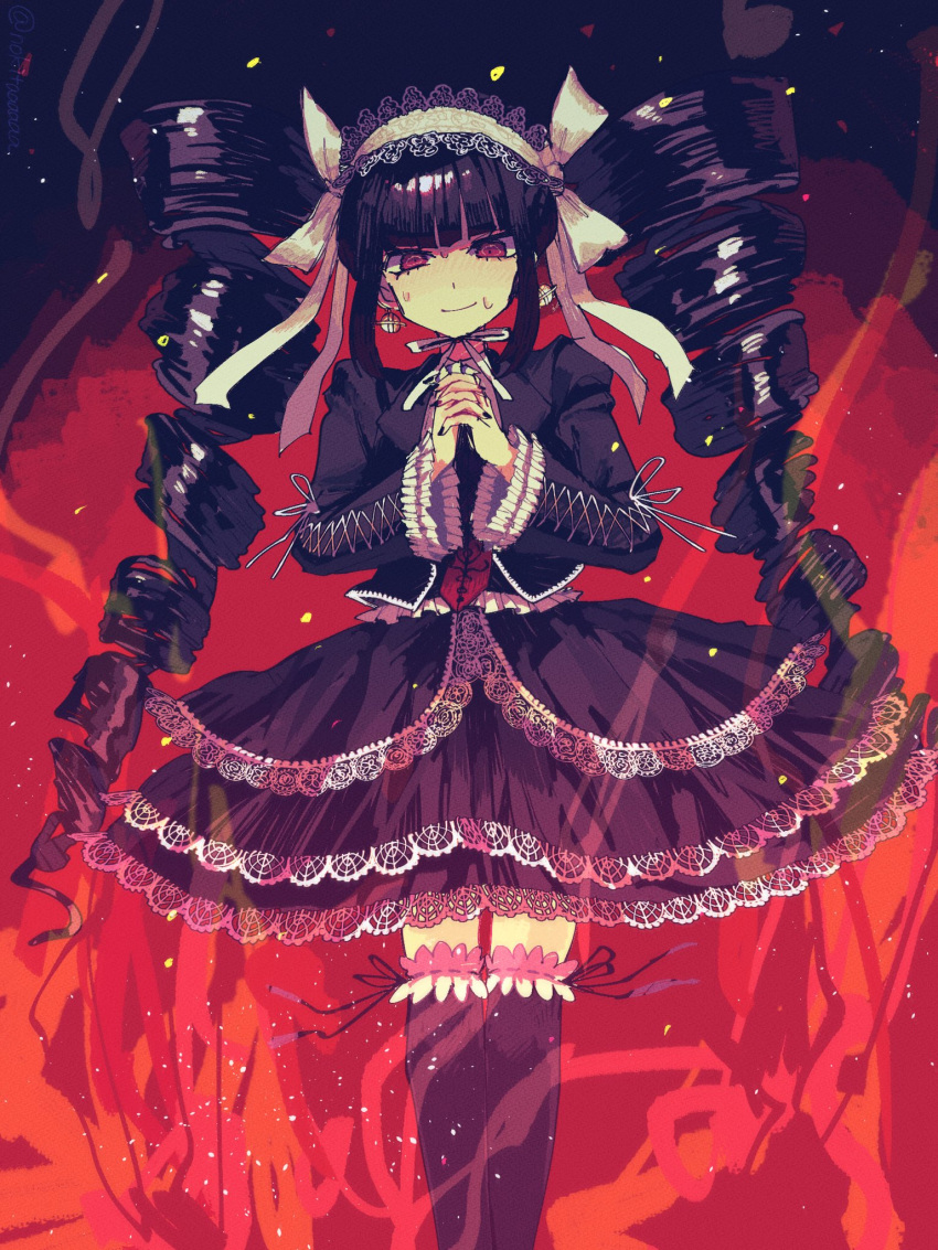 1girl bangs black_hair black_jacket black_nails black_skirt black_thighhighs blush bonnet celestia_ludenberg danganronpa:_trigger_happy_havoc danganronpa_(series) drill_hair feet_out_of_frame fire frilled_jacket frills highres jacket lace-trimmed_skirt lace_trim layered_skirt long_hair looking_at_viewer nail_polish necktie nokita_(nokitaaaaaa) open_clothes open_jacket own_hands_clasped own_hands_together red_eyes red_necktie shiny shiny_hair skirt solo sweat thigh-highs twin_drills very_long_hair