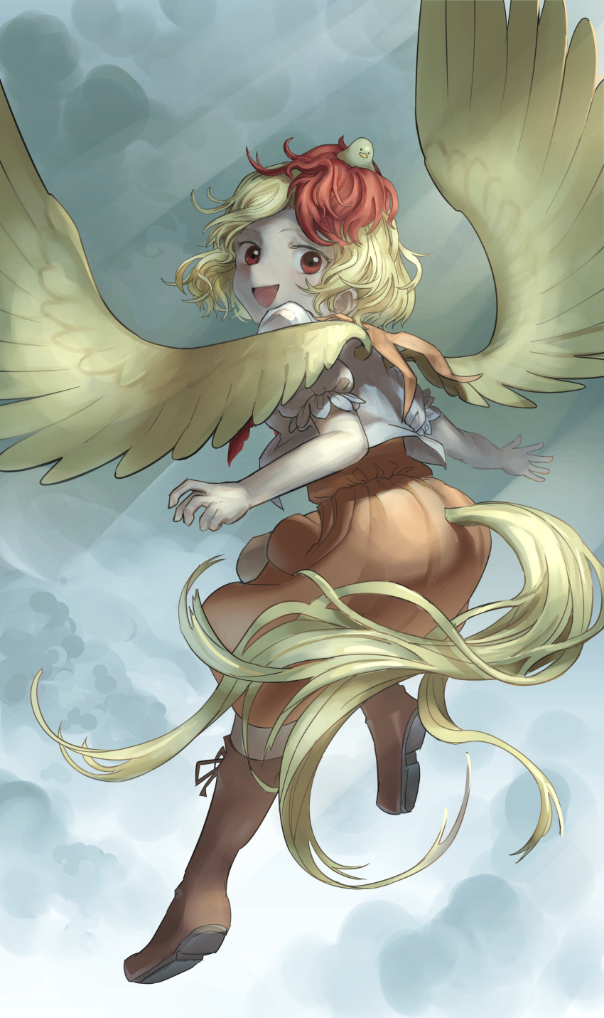 1girl absurdres animal_on_head bangs bird bird_girl bird_on_head bird_tail bird_wings blonde_hair blush boots brown_footwear chick commentary_request dress flying full_body hakonnbo highres looking_at_viewer looking_back multicolored_hair niwatari_kutaka on_head open_mouth orange_dress puffy_short_sleeves puffy_sleeves red_eyes redhead shirt short_hair short_sleeves smile solo tail touhou two-tone_hair white_shirt wings