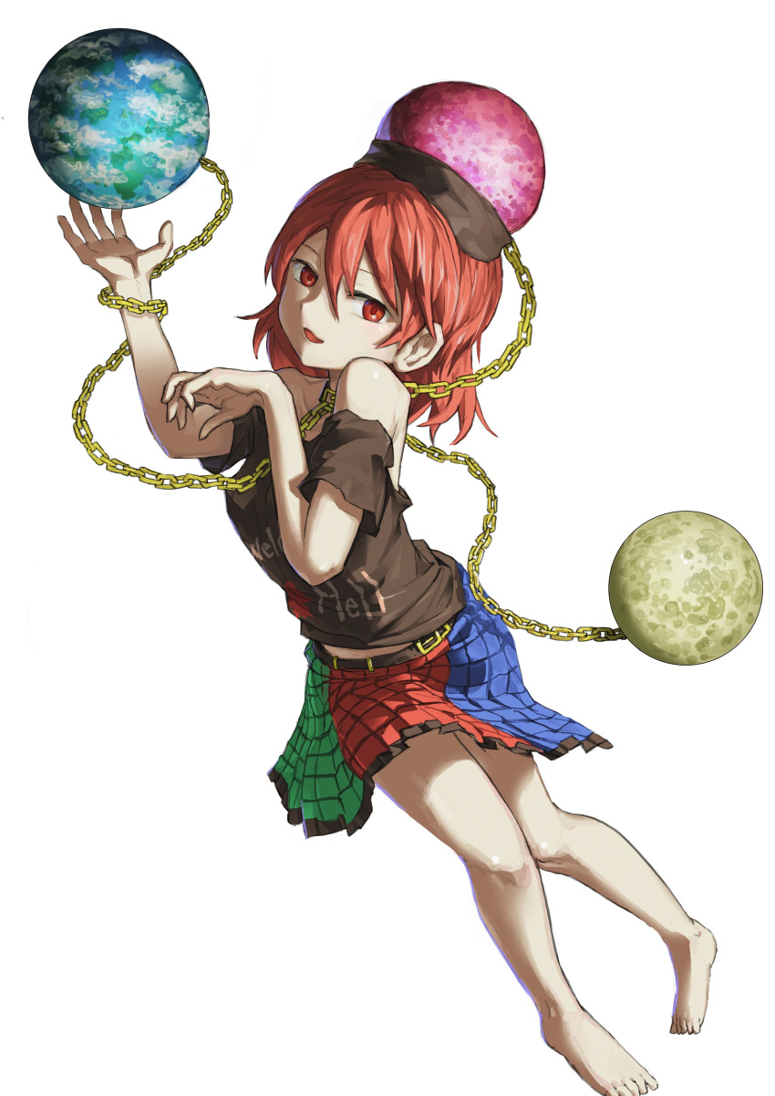 1girl absurdres bangs barefoot black_shirt blue_skirt breasts chain commentary earth_(ornament) full_body green_skirt hair_between_eyes hakonnbo hecatia_lapislazuli highres looking_at_viewer medium_breasts medium_hair moon_(ornament) multicolored_clothes multicolored_skirt off-shoulder_shirt off_shoulder open_mouth plaid plaid_skirt polos_crown red_eyes red_skirt redhead shirt simple_background skirt smile solo t-shirt touhou white_background