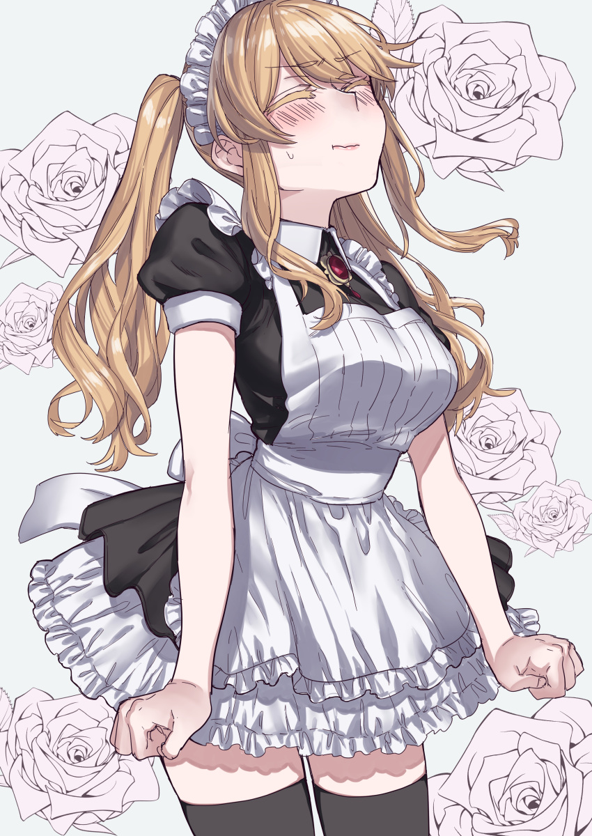 1girl absurdres alternate_hairstyle apron bangs black_thighhighs blonde_hair blush breasts brooch clarice_(idolmaster) clenched_hand closed_eyes closed_mouth collared_shirt commentary_request dress embarrassed flower highres idolmaster idolmaster_cinderella_girls jewelry lips long_hair maid maid_headdress namiko817 puffy_short_sleeves puffy_sleeves rose shirt short_sleeves sidelocks simon_(ttgl) solo sweat thigh-highs twintails white_apron white_background white_flower white_rose zettai_ryouiki