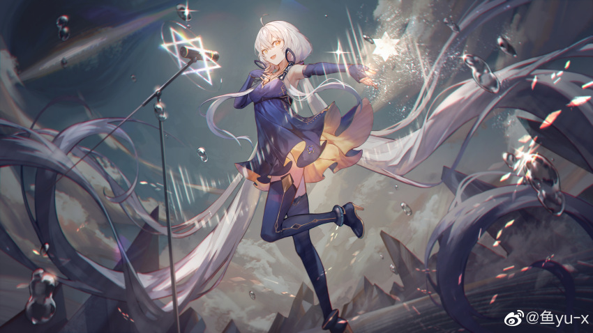 1girl :d absurdres ahoge blue_dress blue_gloves blue_thighhighs clouds cloudy_sky dark_clouds dress dutch_angle elbow_gloves fingerless_gloves floating_hair foot_out_of_frame gloves halter_dress halterneck hand_on_own_chest hexagram high_heels highres long_hair looking_at_viewer microphone microphone_stand mountain outstretched_arm purple_hair quad_tails short_dress sky smile solo standing standing_on_one_leg stellated_octahedron thigh-highs very_long_hair vocaloid water_drop weibo_logo weibo_username xingchen yellow_eyes yu-x