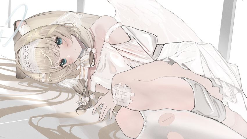 1girl angel angel_wings animal_ear_fluff animal_ears bandage_on_knee bangs bare_shoulders blonde_hair blue_eyes closed_mouth commentary cuts dress feathered_wings hair_intakes hair_ornament hairclip halo highres injury lion_ears long_hair looking_at_viewer lying on_side oreazu original socks solo strap_slip torn_clothes torn_legwear very_long_hair wavy_mouth white_dress white_socks wings