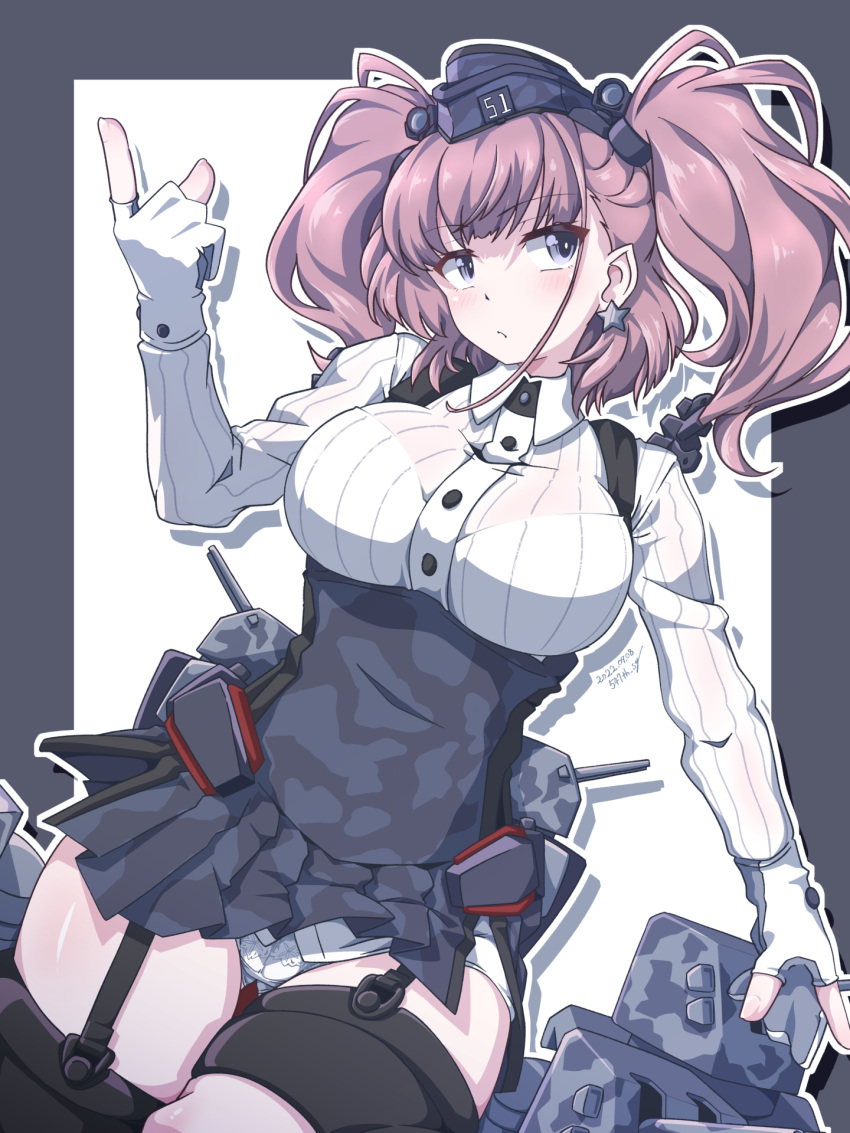 1girl 547th_sy anchor_hair_ornament atlanta_(kancolle) breasts brown_hair dress_shirt duplicate earrings garter_straps gloves hair_ornament hat highres jewelry kantai_collection long_hair long_sleeves pixel-perfect_duplicate shirt star_(symbol) star_earrings thigh_strap turret twintails white_gloves