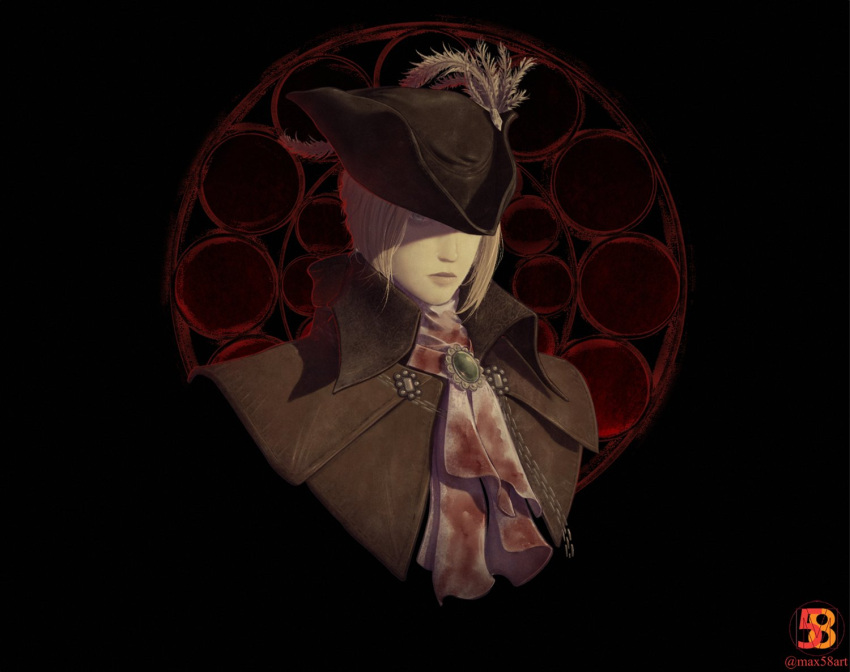 1girl ascot blonde_hair bloodborne blue_eyes brooch brown_coat closed_mouth coat hat hat_feather high_collar jewelry lady_maria_of_the_astral_clocktower looking_at_viewer max58art plume solo tricorne upper_body wing_collar
