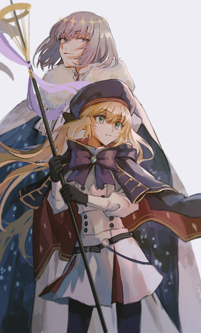 1boy 1girl absurdres artoria_caster_(fate) artoria_caster_(second_ascension)_(fate) artoria_pendragon_(fate) bangs belt black_bow black_gloves blonde_hair blue_belt blue_bow blue_cape blue_eyes blue_headwear blue_pantyhose bow bowtie buttons cape closed_mouth diamond_hairband dress fate/grand_order fate_(series) floating_hair fur-trimmed_cape fur_trim gloves gold_trim green_eyes grey_hair hair_between_eyes hair_bow half-closed_eyes hat height_difference highres holding holding_staff holding_weapon long_hair long_sleeves looking_away mayonakaniwa multicolored_cape multicolored_clothes o-ring_belt oberon_(fate) pantyhose red_cape short_hair simple_background staff twintails weapon white_background white_cape white_dress