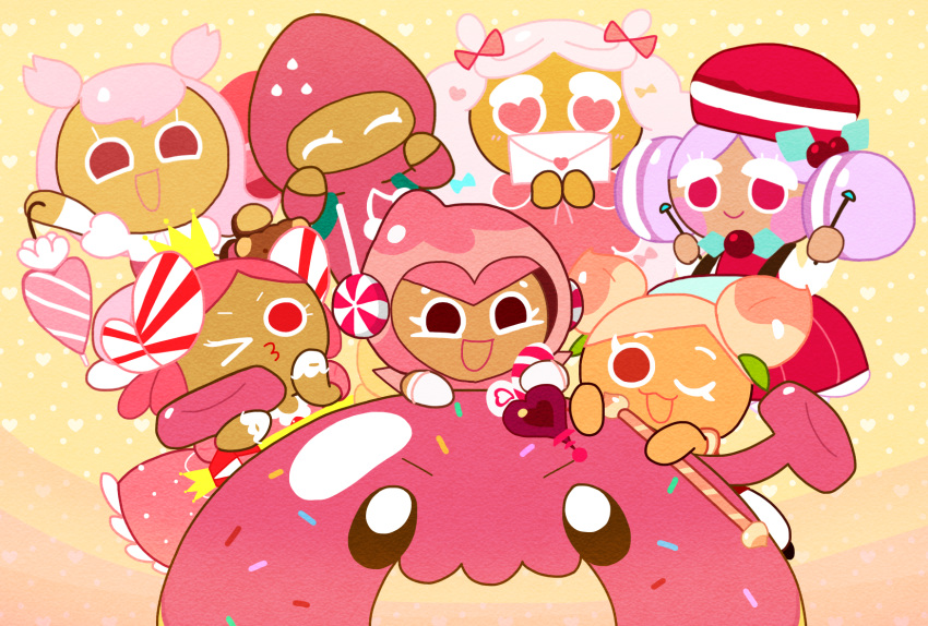 1dount 7girls cherry_blossom_cookie colored_skin cookie_run cookie_run_ovenbreak cotton_candy_cookie macaroon_cookie mutliple_girls peach_cookie pink_choco_cookie pink_eyes pink_hair princess_cookie red_eyes redhead space_doughnut strawberry_cookie tagme