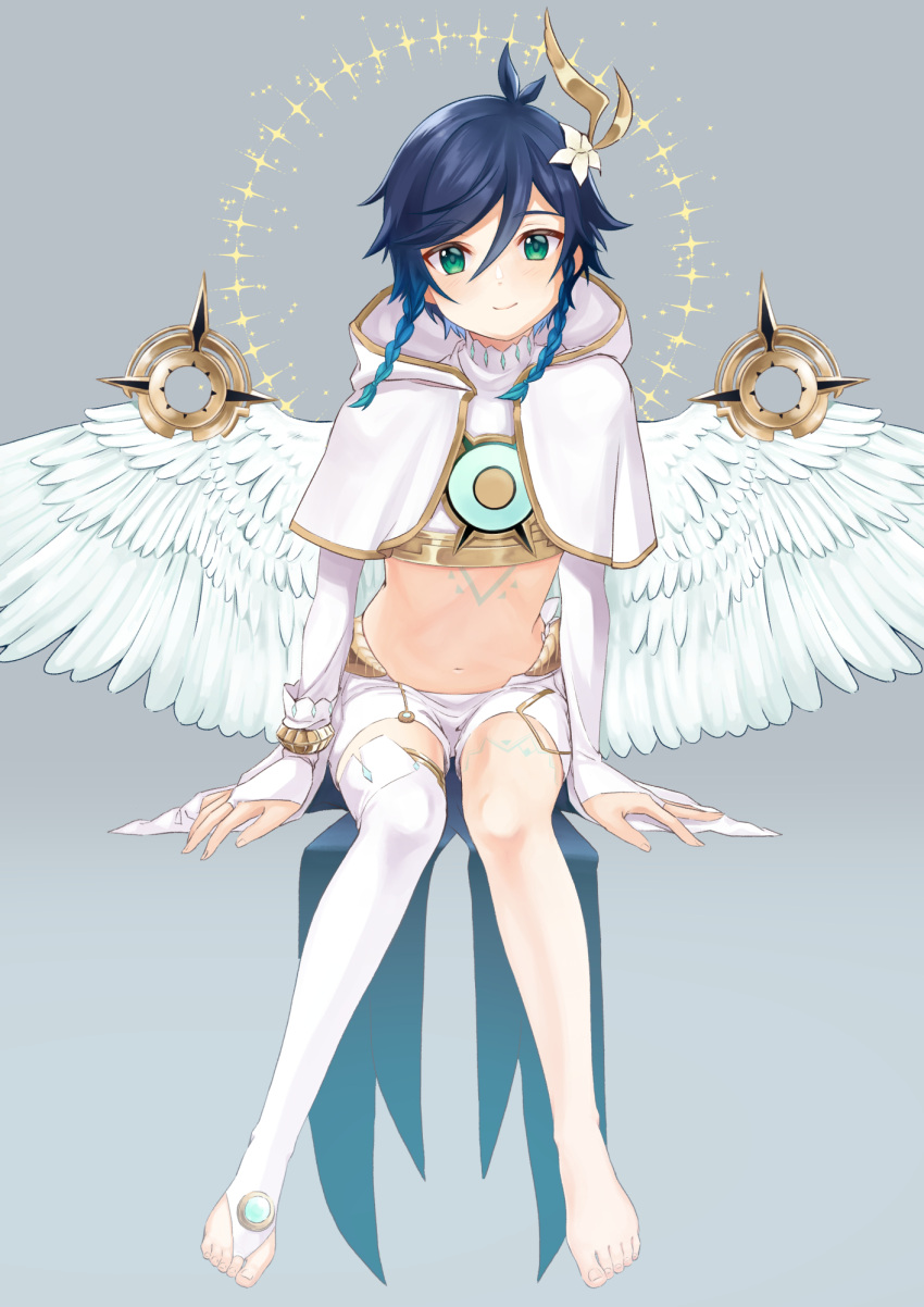 1boy androgynous bangs barefoot black_hair blue_hair braid bridal_gauntlets capelet chest_tattoo commentary crop_top elbow_gloves feathered_wings flower fukaya_miku genshin_impact gloves gold_trim gradient_hair green_eyes hair_flower hair_ornament highres hood hooded_capelet leg_tattoo looking_at_viewer male_focus multicolored_hair official_alternate_costume shirt short_hair_with_long_locks shorts side_braids single_thighhigh sitting smile solo tattoo thigh-highs toeless_legwear twin_braids venti_(genshin_impact) white_flower white_gloves white_shirt white_shorts white_wings wings