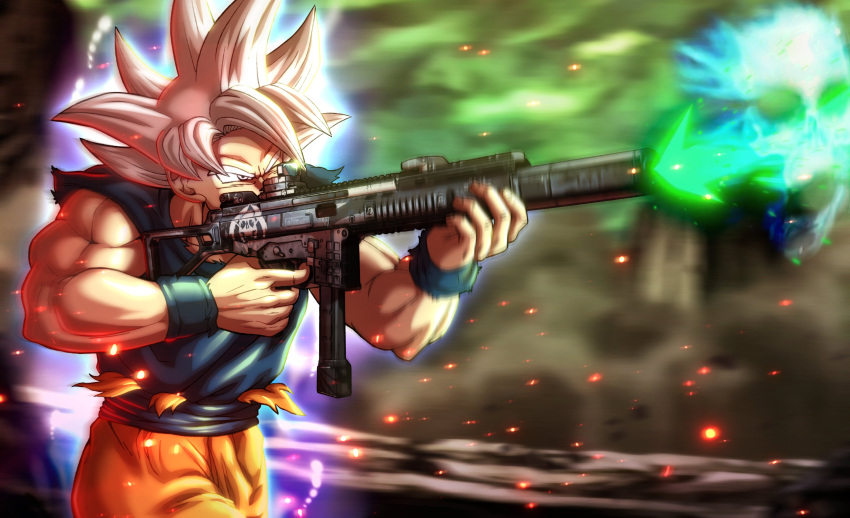 1boy absurdres aiming aura blurry blurry_background dougi dragon_ball dragon_ball_super firing fortnite grey_eyes grey_hair gun highres holding holding_gun holding_weapon male_focus muscular muscular_male one_eye_closed pea-bean short_hair solo son_goku spiky_hair torn_clothes ultra_instinct weapon