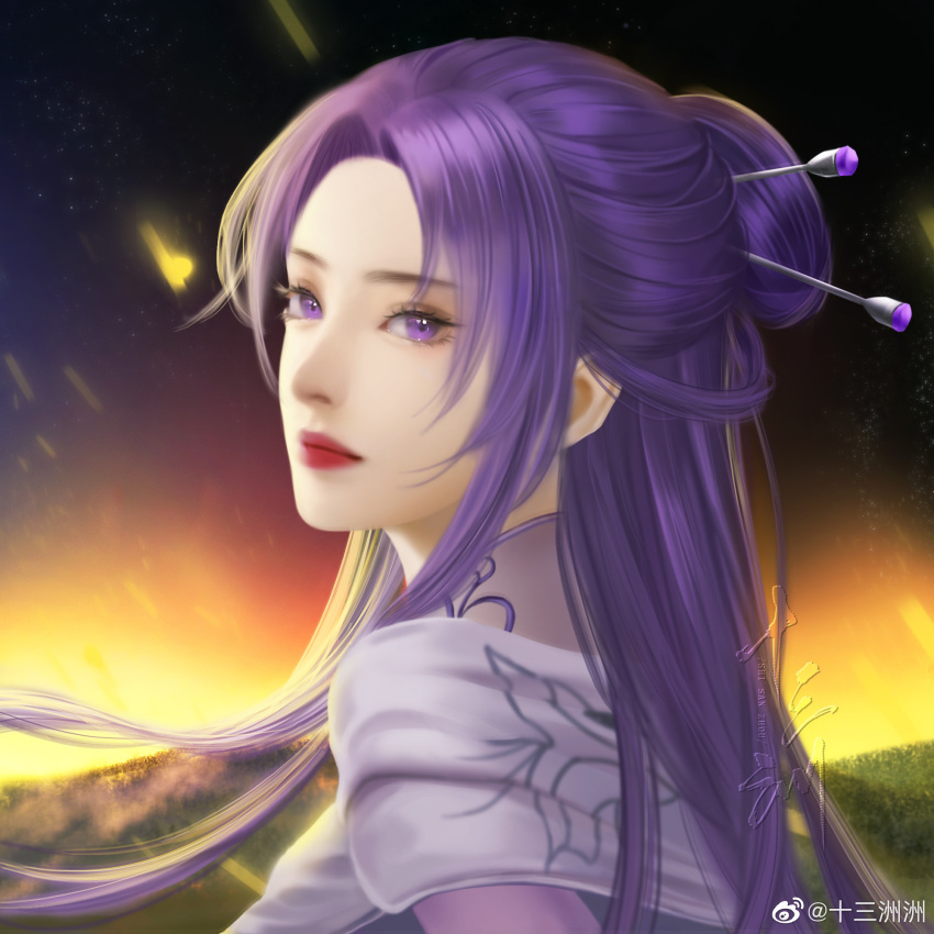 1girl closed_mouth dark_background dress embers expressionless fire highres light long_hair looking_back needle portrait purple_dress purple_hair qin_shi_ming_yue shisan_zhou_zhou solo violet_eyes zi_nu_(qin_shi_ming_yue)