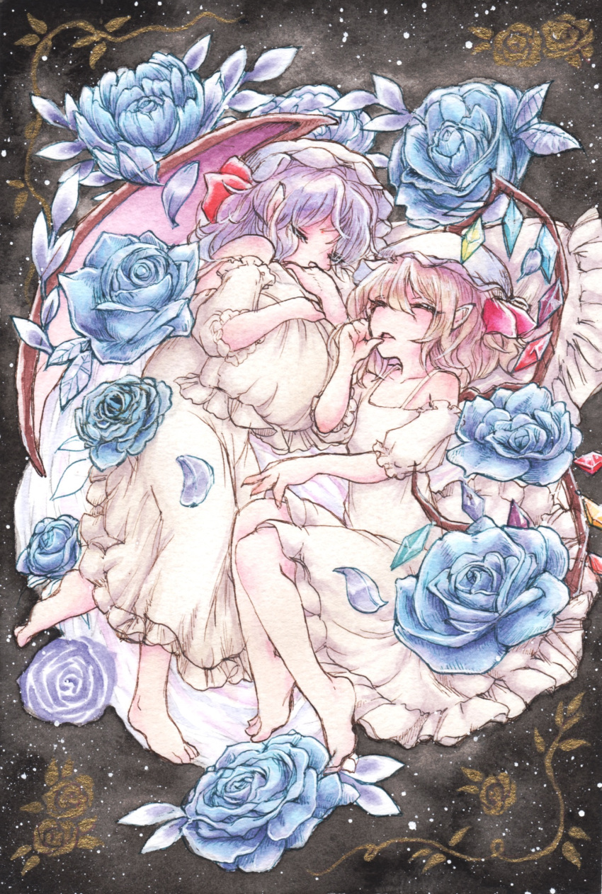 2girls bare_shoulders barefoot bat_wings blonde_hair blue_flower blue_rose crystal flandre_scarlet flower frilled_nightgown frilled_pillow frills from_above full_body hat highres limited_palette medium_hair mob_cap multicolored_wings multiple_girls nightgown object_hug painting_(medium) pillow pillow_hug pointy_ears purple_flower purple_hair remilia_scarlet rose siblings sisters thumb_sucking touhou tpamjdsta_(usatokurasu) traditional_media watercolor_(medium) white_headwear white_nightgown wings