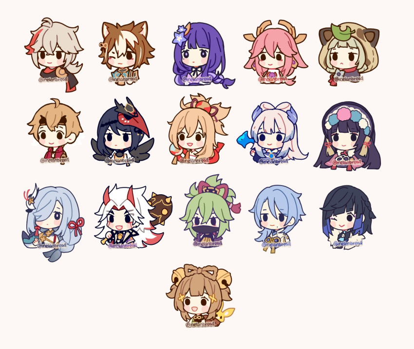 5boys 6+girls ahoge animal_ears animal_hood antenna_hair artist_name bangs bell black_hair black_wings blue_hair blunt_bangs blunt_ends blush blush_stickers brown_hair cat_boy cat_ears character_request chibi commentary crossed_bangs english_commentary fish flower genshin_impact gorou_(genshin_impact) gradient_hair green_hair hair_bell hair_between_eyes hair_flower hair_ornament hair_over_one_eye hair_ribbon holding_club hood horns kaedehara_kazuha kujou_sara kuki_shinobu leaf leaf_on_head mask mask_on_head melanbread mouth_mask multicolored_hair multiple_boys multiple_girls neck_ribbon no_pupils one_eye_closed oni_horns open_mouth pink_hair pom_pom_(clothes) ponytail purple_flower purple_hair rabbit raiden_shogun redhead ribbon sangonomiya_kokomi sayu_(genshin_impact) shenhe_(genshin_impact) sidelocks simple_background smile streaked_hair twitter_username upper_body watermark white_hair wings yae_miko yelan_(genshin_impact) yellow_background