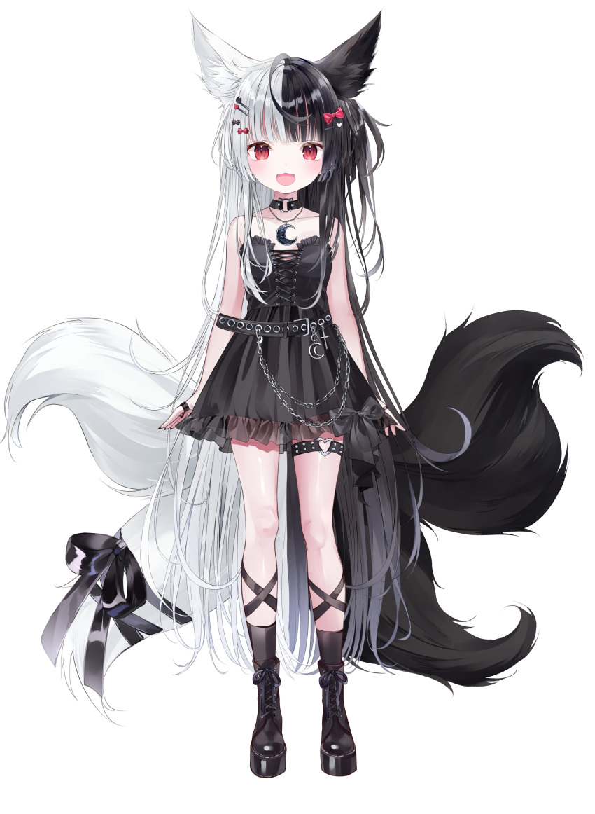 1girl absurdres alice_mana alternate_costume animal_ears belt black_hair blush breasts collar commentary_request fox_ears full_body highres indie_virtual_youtuber multicolored_hair official_alternate_costume open_mouth red_eyes shoes sleeveless small_breasts solo standing two-tone_hair virtual_youtuber white_background