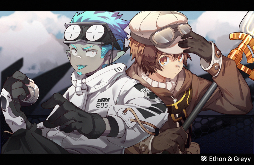 2boys aqua_hair arknights back-to-back bandaid bandaid_on_face bandaid_on_nose black_gloves blue_hair brown_eyes brown_hair coat dark-skinned_male dark_skin ethan_(arknights) facial_hair fangs gloves goggles goggles_on_head greyy_(arknights) highres holding jacket long_sleeves looking_at_viewer male_focus multiple_boys outdoors pointy_ears short_hair smile sora_(zwz030) yellow_eyes