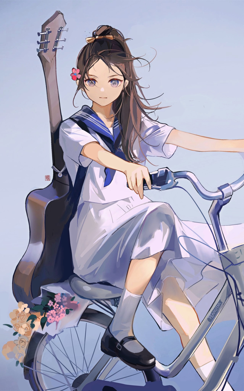 1girl aqua_background artist_name bicycle black_footwear bow brown_hair chinese_commentary closed_mouth commentary expressionless flower full_body green_bow grey_eyes ground_vehicle guitar hair_bow hair_flower hair_ornament hair_over_shoulder high_ponytail highres instrument long_skirt looking_at_viewer lying mary_janes neckerchief on_back pink_flower purple_neckerchief purple_sailor_collar qingxin_gua_yu real_life riding riding_bicycle sailor_collar school_uniform seal_impression serafuku shirt shoes short_sleeves simple_background sitting skirt socks solo split_mouth white_shirt white_skirt white_socks wind yellow_flower