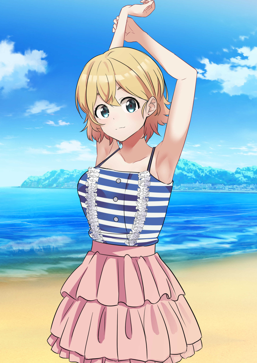 1girl absurdres armpits arms_up bangs beach blonde_hair blue_eyes blue_sky breasts camisole clouds commentary_request crossed_bangs day dress frilled_skirt frills highres horizon kanojo_okarishimasu medium_breasts nanami_mami ocean outdoors pink_skirt short_hair skirt sky solo striped_camisole yajuu_tarou