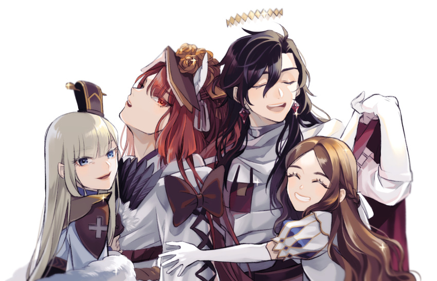 1boy 3girls :d ^_^ armor bangs black_hair blonde_hair blue_eyes blunt_bangs bow braid brown_bow brown_hair chinese_clothes cloak cloak_lift closed_eyes commentary constantine_xi_(fate) cross dress earrings elbow_gloves facing_another facing_up fate/grand_order fate_(series) feather_boa feather_fan flower gloves grin hair_between_eyes half_updo halo hand_fan hanfu headdress holding holding_fan hug japanese_clothes jewelry kimono kyokutei_bakin_(fate) leonardo_da_vinci_(fate) leonardo_da_vinci_(rider)_(fate) long_hair looking_at_viewer looking_to_the_side m_t_1 multiple_girls open_mouth orange_eyes orange_hair parted_bangs puff_and_slash_sleeves puffy_short_sleeves puffy_sleeves reines_el-melloi_archisorte rose short_sleeves shoulder_armor shufa_guan sideways_glance simple_background smile sparkle teeth upper_body upper_teeth white_armor white_background white_cloak white_dress white_gloves white_kimono yellow_flower yellow_rose