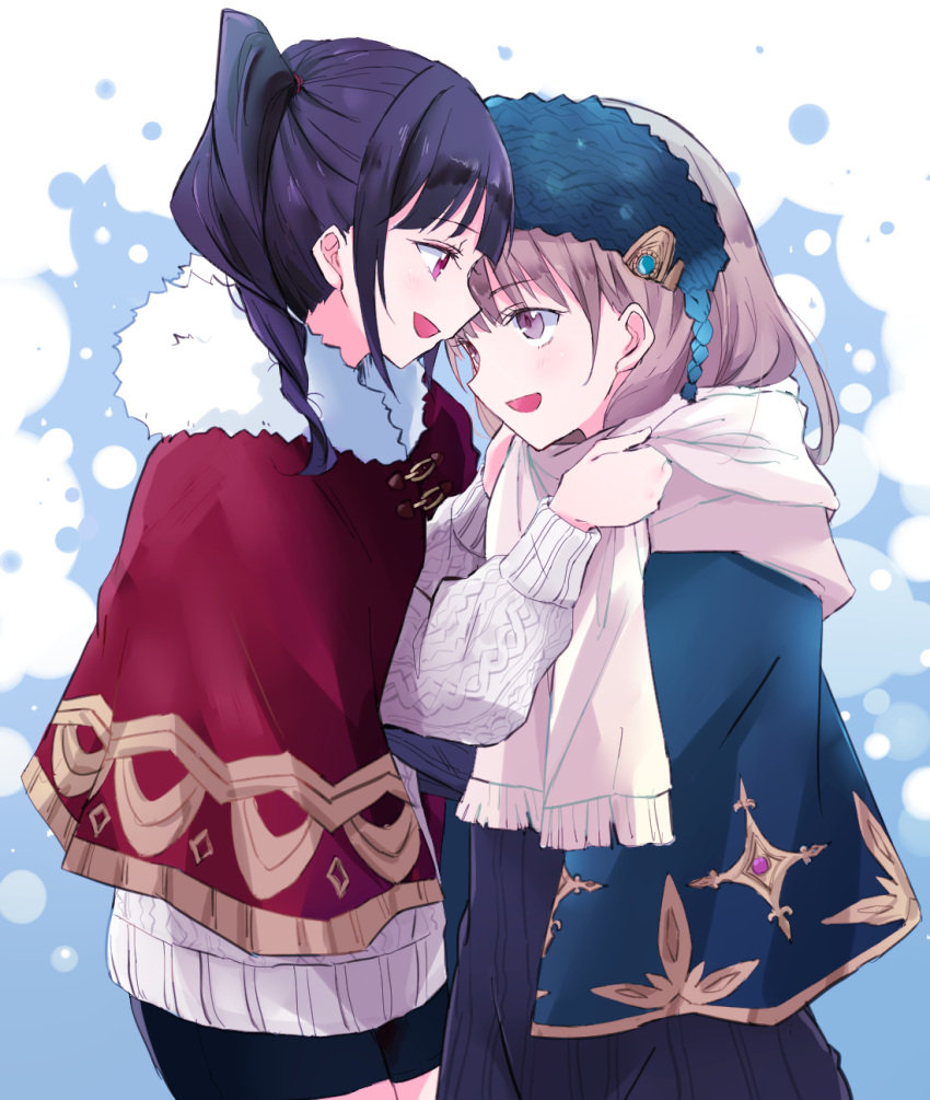 2girls atelier_(series) atelier_totori black_hair blue_shawl blush commentary_request face-to-face hair_ornament highres maromi_(am97) mimi_houllier_von_schwarzlang multiple_girls open_mouth ponytail profile red_eyes red_shawl scarf shawl shorts smile totooria_helmold violet_eyes winter_clothes