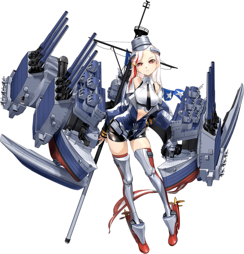 1girl american_flag blonde_hair blue_jacket breasts collared_shirt crop_top dress_shirt full_body headgear jacket kantai_collection large_breasts long_hair massachusetts_(kancolle) multicolored_clothes multicolored_hair multicolored_jacket official_art open_clothes open_jacket red_eyes redhead shirt short_sleeves shorts sleeveless sleeveless_shirt star_(symbol) white_jacket white_shirt zeco