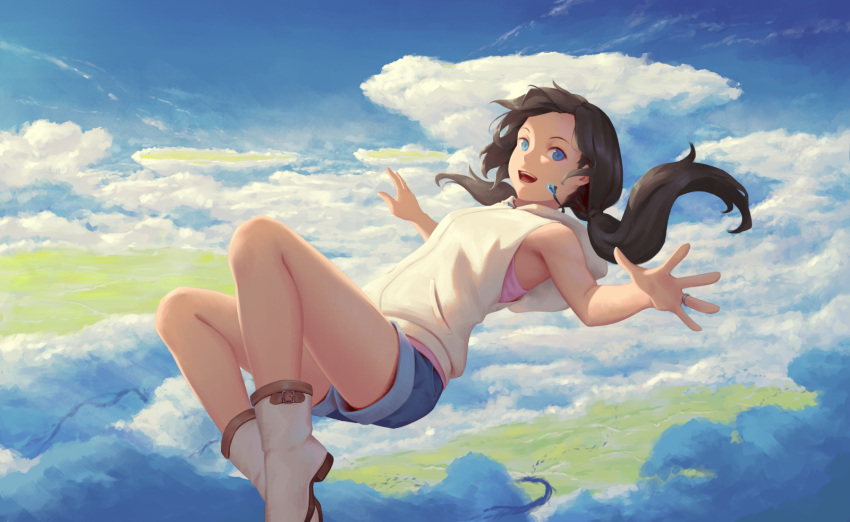 1girl :d amano_hina_(tenki_no_ko) bare_arms bigrbear blue_eyes blue_shorts boots brown_hair cardigan clouds day denim denim_shorts floating_hair highres hood hood_down hooded_cardigan jewelry long_hair looking_at_viewer low_twintails open_mouth outdoors pink_shirt ring shiny shiny_hair shirt short_shorts shorts sleeveless sleeveless_shirt smile solo tenki_no_ko twintails white_cardigan white_footwear