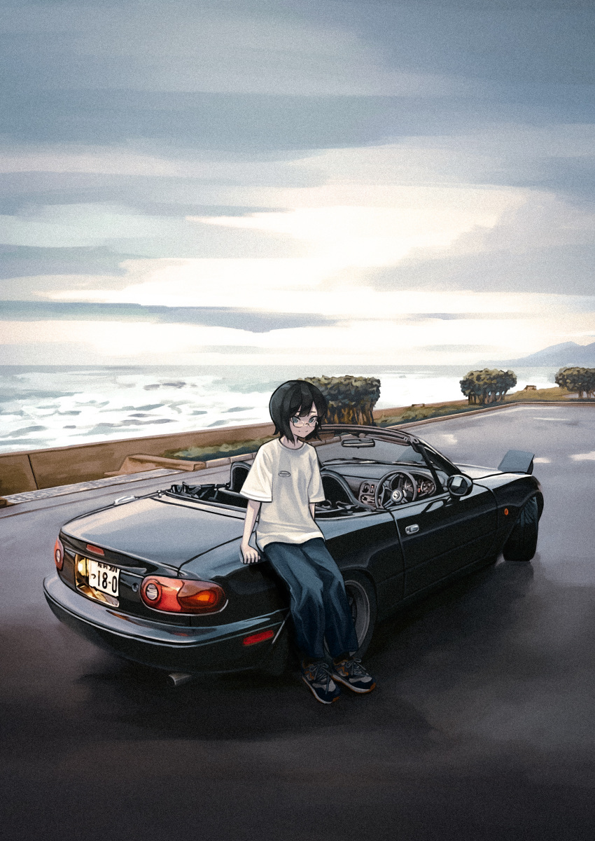 1girl absurdres bangs black_hair blue_eyes blue_pants bokuya car closed_mouth commentary_request convertible eunos_roadster glasses ground_vehicle highres license_plate looking_at_viewer mazda motor_vehicle ocean original outdoors pants shirt shoes short_hair short_sleeves smile sneakers solo sports_car vehicle_focus white_shirt