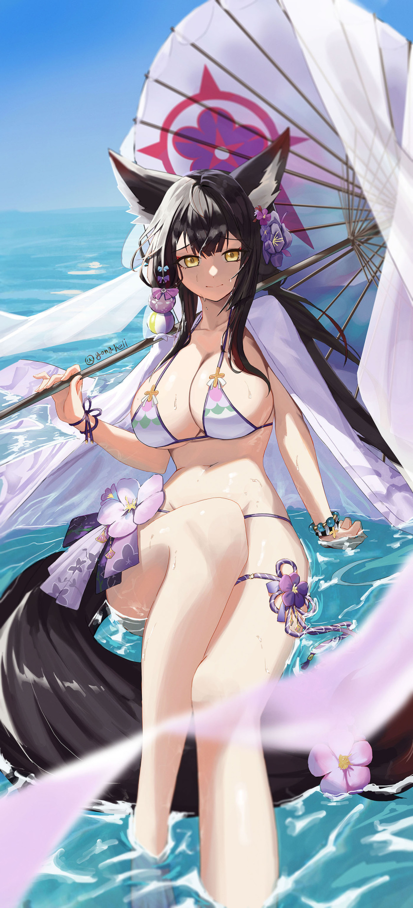 a.h. absurdres animal_ears bikini black_hair blue_archive blush bracelet breasts flower fox_ears fox_tail halo highres holding jewelry korean_commentary large_breasts long_hair looking_at_viewer ocean parasol purple_bikini sky sweat swimsuit tail umbrella wakamo_(blue_archive) wakamo_(swimsuit)_(blue_archive) yellow_eyes