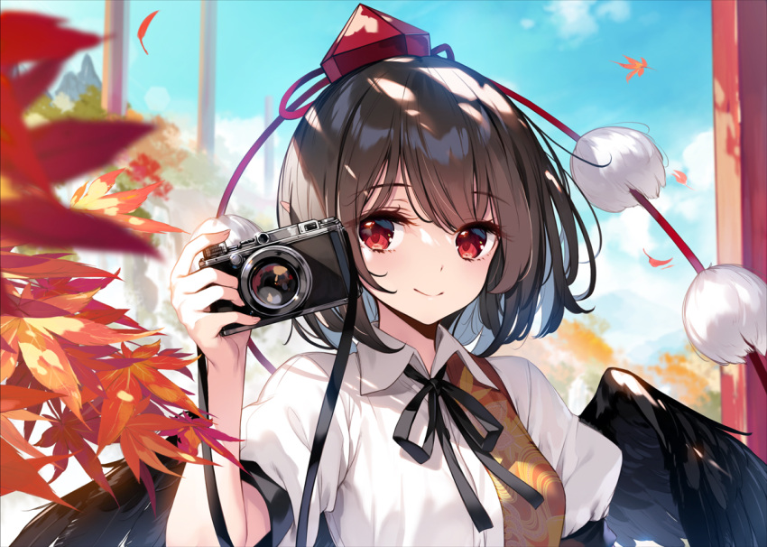 1girl autumn autumn_leaves bird_wings black_hair black_wings blush camera closed_mouth feathered_wings hair_between_eyes hat holding holding_camera ke-ta leaf maple_leaf pom_pom_(clothes) red_eyes red_headwear shameimaru_aya shirt short_hair short_sleeves smile solo tokin_hat touhou white_shirt wings