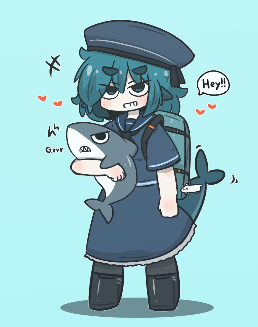 +++ 1girl animal animal_hug backpack bag bangs beret black_footwear blue_background blue_dress blue_eyes blue_hair blue_headwear blue_sailor_collar blush boots commentary_request dress fuka-chan grey_pantyhose grin hair_between_eyes hat heart highres knee_boots master_sgt_mine original pantyhose sailor_collar shadow shark sharp_teeth short_eyebrows short_sleeves simple_background smile solo teeth thick_eyebrows