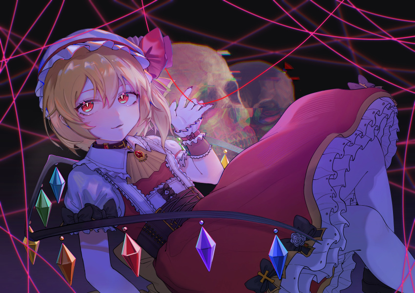 1girl absurdres adapted_costume blonde_hair brown_corset chromatic_aberration collared_shirt corset dark_background feet_out_of_frame fingernails flandre_scarlet frilled_shirt_collar frilled_skirt frills hair_between_eyes hat hat_ribbon highres linqiankira looking_at_viewer medium_hair mob_cap multicolored_wings nail_polish puffy_short_sleeves puffy_sleeves red_eyes red_nails red_ribbon red_skirt ribbon sharp_fingernails shirt short_sleeves simple_background skirt skull solo touhou white_headwear white_shirt wings wrist_cuffs