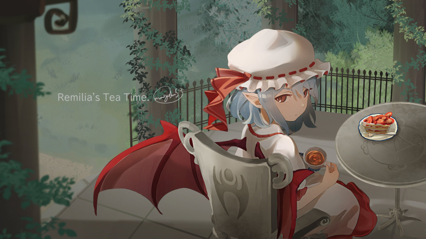 1girl absurdres bangs bat_wings blue_hair cake cake_slice chair closed_mouth commentary_request cup english_text food frills hat hat_ribbon highres holding holding_cup light_blue_hair looking_at_viewer looking_back mob_cap mushoku plate pointy_ears red_eyes red_ribbon remilia_scarlet ribbon shiny shiny_hair short_hair sitting slit_pupils solo strawberry_shortcake table touhou white_headwear wings
