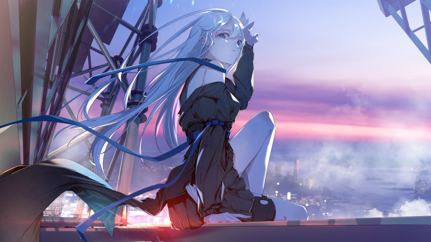 1girl arm_support bangs bare_shoulders black_jacket black_skirt blue_eyes building city city_lights cityscape highres jacket leg_up long_hair looking_to_the_side original pleated_skirt pole scaffolding scenery shiomi_(lowrise) shirt sitting skirt sky sleeveless sleeveless_shirt smoke strap white_hair