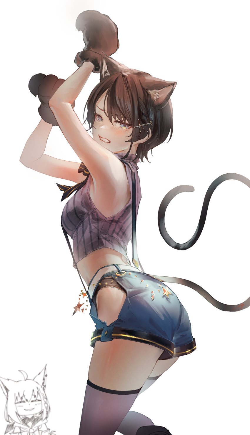 1girl absurdres animal_ears animal_hands anya's_heh_face_(meme) arms_up black_panties blue_eyes brown_hair cat_ears cat_paws cat_tail embarrassed from_behind hair_ornament hairclip highres hip_vent hololive hyde_(tabakko) lace-trimmed_panties lace_trim looking_at_viewer looking_back meme oozora_subaru panties panty_peek pinstripe_pattern pinstripe_shirt shirakami_fubuki shirt short_hair shorts simple_background solo_focus striped suspender_shorts suspenders tail thigh-highs underwear virtual_youtuber white_background