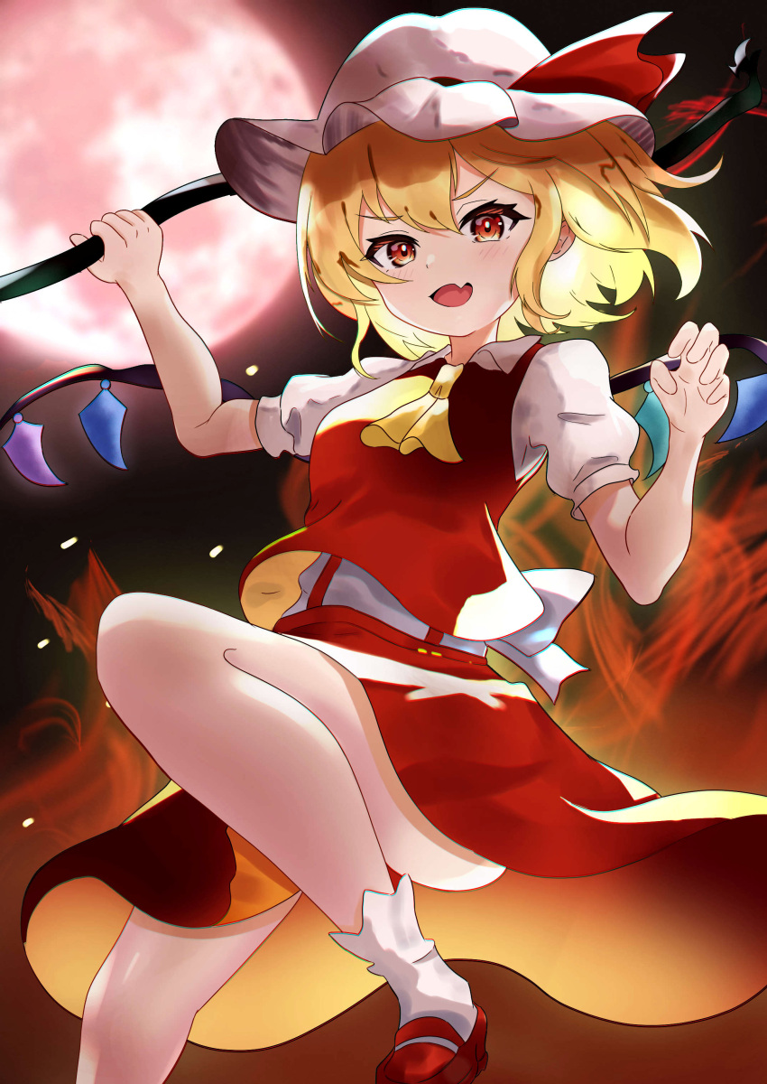 1girl absurdres ascot back_bow backlighting blonde_hair blurry blurry_background bow breasts chirihouki collared_shirt fang flandre_scarlet foot_out_of_frame hair_between_eyes hat hat_ribbon highres holding holding_polearm holding_weapon laevatein_(touhou) looking_at_viewer mary_janes medium_hair mob_cap moon multicolored_wings open_mouth orange_eyes polearm puffy_short_sleeves puffy_sleeves red_footwear red_moon red_ribbon red_skirt red_vest ribbon shirt shoes short_sleeves skin_fang skirt skirt_set small_breasts socks solo touhou vest weapon white_bow white_headwear white_shirt white_socks wings yellow_ascot