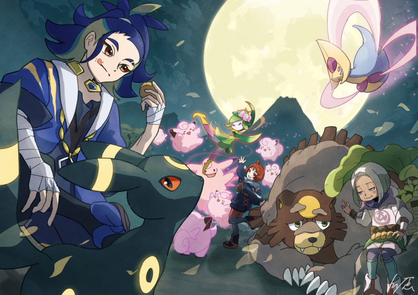 1boy 2girls :q adaman_(pokemon) arezu_(pokemon) arm_up black_footwear blue_coat boots brown_bag calaba_(pokemon) clefable clefairy closed_mouth clouds coat commentary_request cowlick cresselia diamond_clan_outfit falling_leaves hisuian_lilligant holding leaf long_sleeves moon mountain multiple_girls night outdoors pantyhose pearl_clan_outfit pokemon pokemon_(game) pokemon_legends:_arceus ponytail short_hair signature sky tom_(pixiv10026189) tongue tongue_out umbreon ursaluna