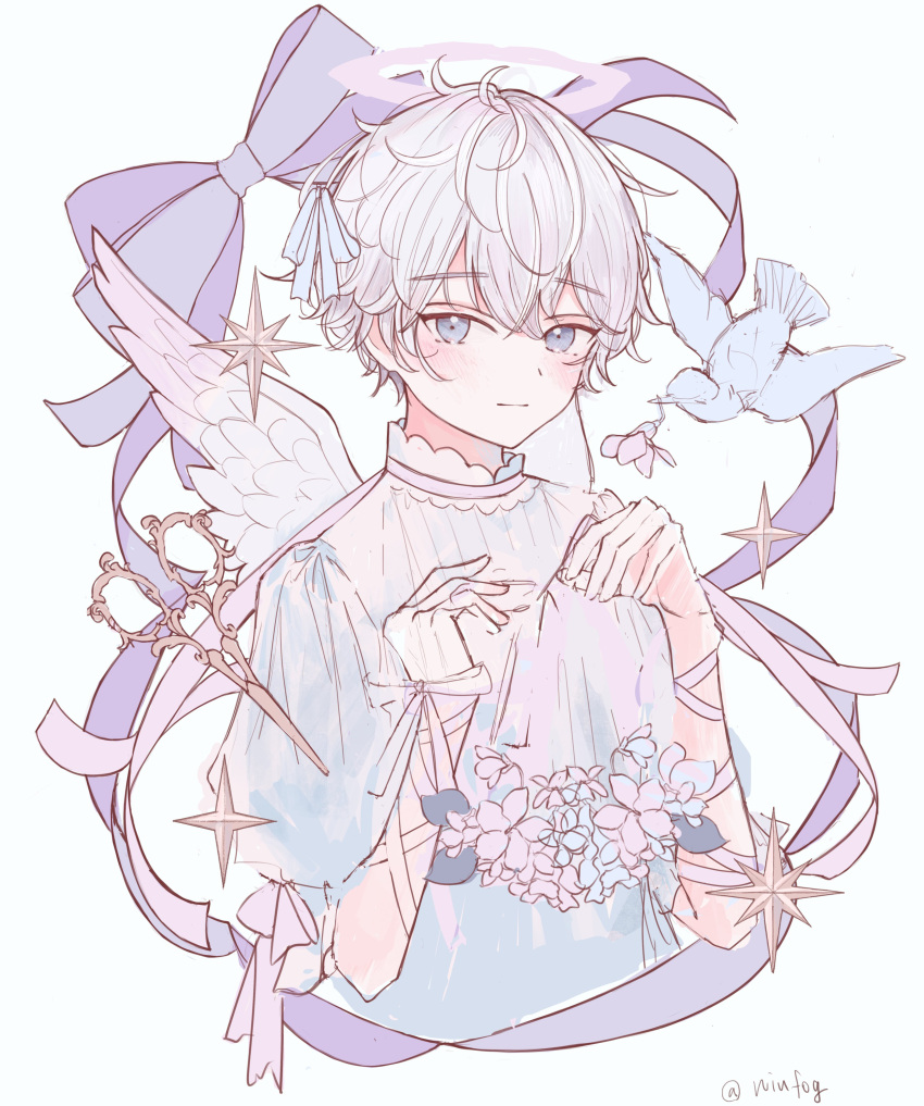 1boy absurdres angel angel_wings blue_flower blue_theme closed_mouth flower grey_eyes halo highres looking_at_viewer niufog original scissors shirt short_hair short_sleeves smile solo star_(symbol) white_background white_hair white_shirt wings