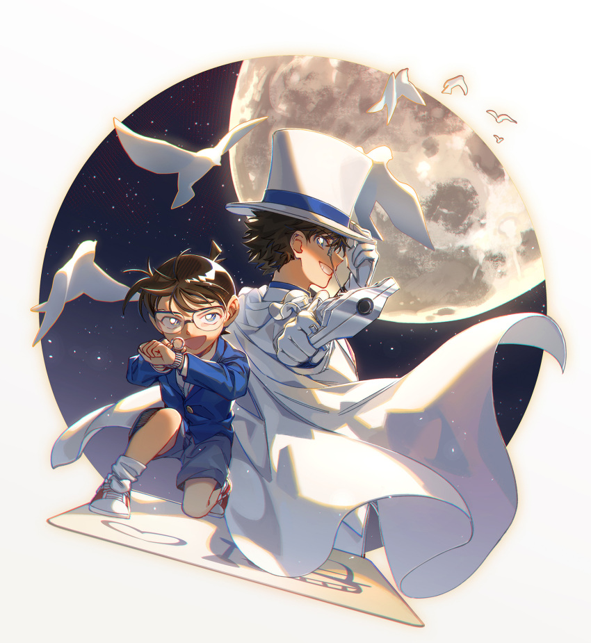 2boys bangs black_hair blue_eyes blue_jacket blue_shirt bow bowtie cape collared_shirt commentary dress_shirt edogawa_conan formal glasses gloves grey_shorts grin gun hat hi-fi_(fijazzy) highres holding holding_gun holding_weapon jacket kaitou_kid long_sleeves magic_kaito male_child male_focus meitantei_conan monocle multiple_boys necktie open_mouth pant_suit pants pointing pointing_at_viewer red_bow red_bowtie red_footwear shirt short_hair short_shorts shorts smile suit symbol-only_commentary weapon white_cape white_gloves white_headwear white_jacket white_pants white_shirt wing_collar