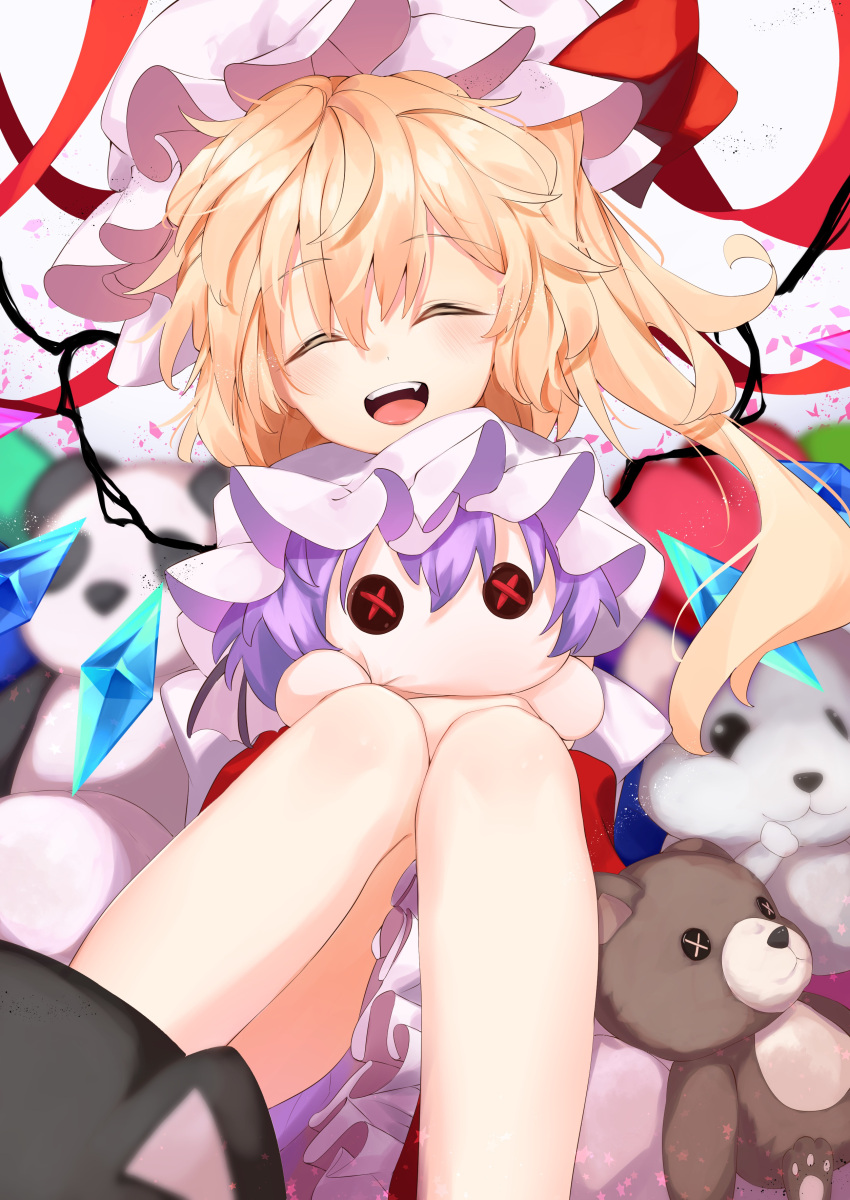1girl ^_^ absurdres back_bow blonde_hair blurry blurry_background bow calpis118 character_doll closed_eyes fang feet_out_of_frame flandre_scarlet frilled_skirt frills hair_between_eyes happy hat highres holding holding_stuffed_toy long_hair mob_cap multicolored_wings open_mouth pink_headwear puffy_short_sleeves puffy_sleeves purple_hair red_skirt remilia_scarlet shiny shiny_hair shirt short_sleeves side_ponytail skirt solo stuffed_animal stuffed_toy teddy_bear teeth touhou upper_teeth white_bow white_headwear white_shirt wings