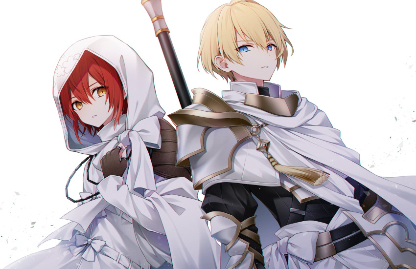 2boys absurdres armor belt black_belt black_nails black_shirt blonde_hair blue_eyes bow brown_gloves cloak debris faulds fingerless_gloves floral_print gloves hair_between_eyes hanasaki_miyabi hand_on_own_chest highres holostars hood hood_up hooded_cloak jewelry kishido_temma leather_armor long_sleeves looking_at_viewer male_focus multiple_boys multiple_rings nekonoyuto official_alternate_costume parted_lips pauldrons redhead ring sash serious shirt short_hair shoulder_armor simple_background single_pauldron tassel thumb_ring turtleneck upper_body vambraces virtual_youtuber weapon weapon_on_back white_background white_bow white_cloak white_sash white_shirt yellow_eyes