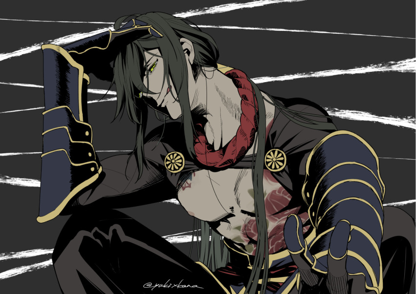 1boy :q abs armor bangs black_pants chest_tattoo chinese_clothes commentary_request dark_green_hair fate/grand_order fate_(series) flower_tattoo gauntlets green_eyes hair_over_one_eye long_hair long_sleeves looking_at_viewer male_focus metal_gloves nagatekkou nipples pants ponytail sidelocks smile solo tattoo toned toned_male tongue tongue_out topless_male twitter_username upper_body v very_long_hair yan_qing_(fate) yukikana